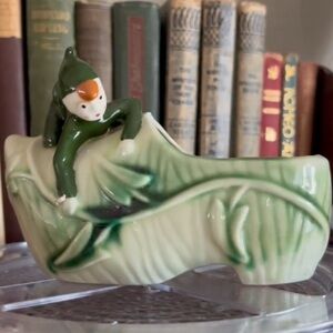 Vintage Pixie Elf Crawling On A Wooden Shoe Green Planter Japan planter